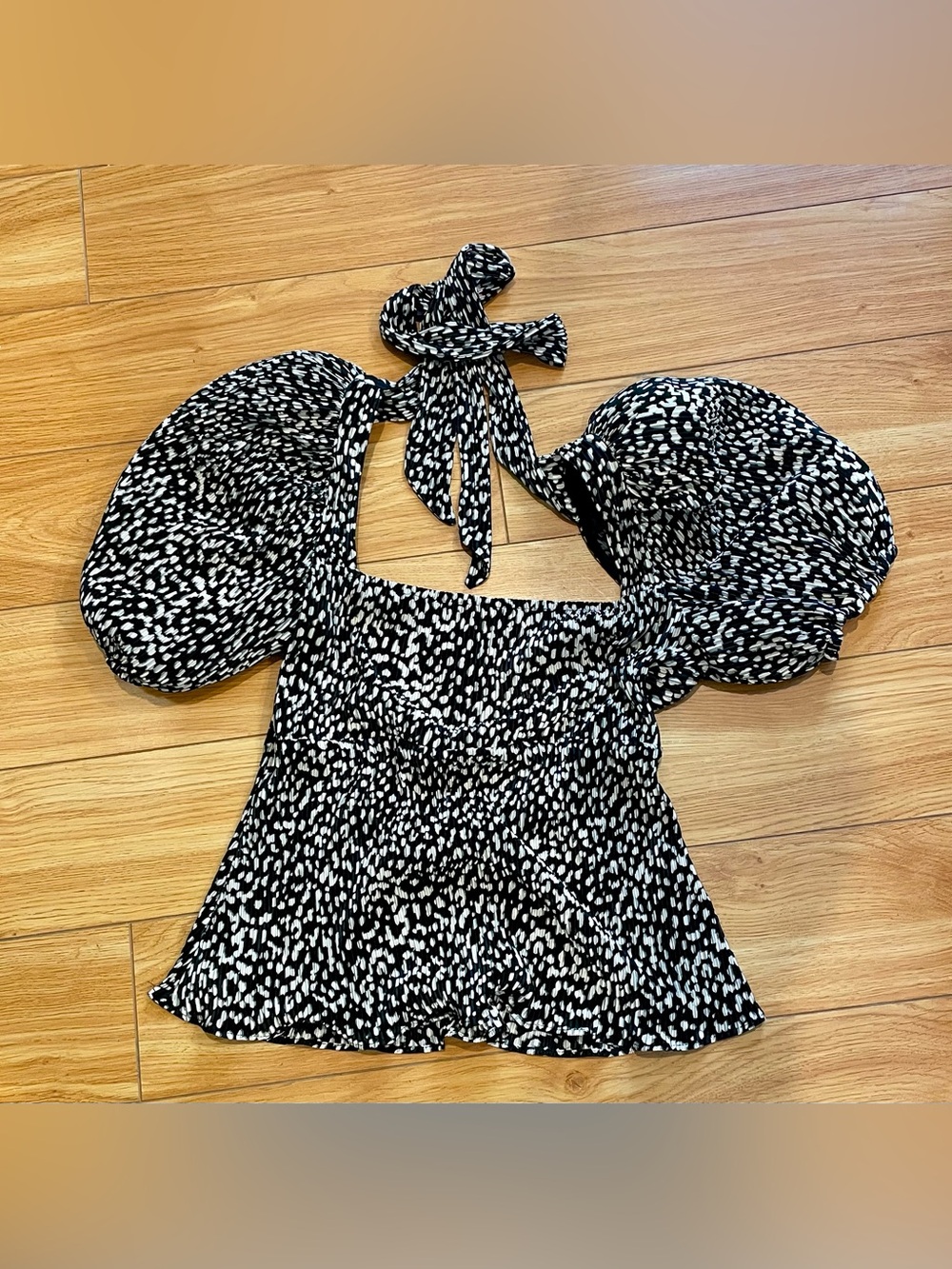 LPA Black & White Smocked Halter Top with Puff Sleeves